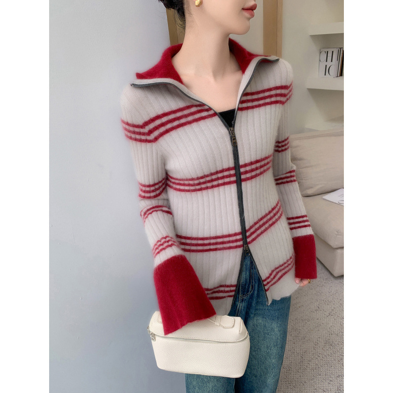 High Lapel Cashmere Knitted Cardigan Women's Stripesd Slim Sweater Outer Wear Slimming Look Top Cashmere Bottoming Zipper Jacket