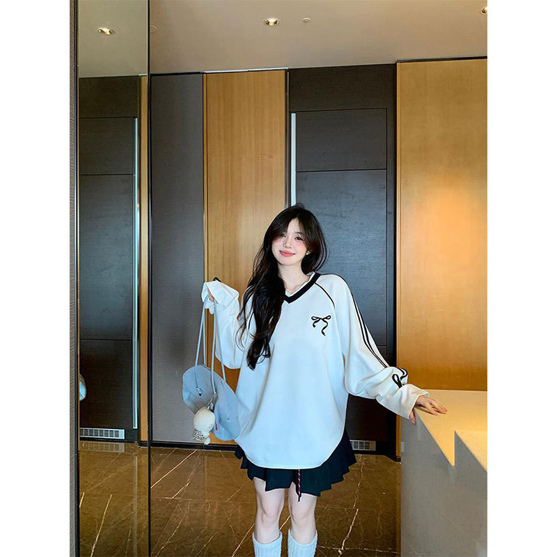 [Original Quality] Lazy Wind Contrast Color V-Neck Striped T-Shirt Women's Autumn Bow Loose Design Sense