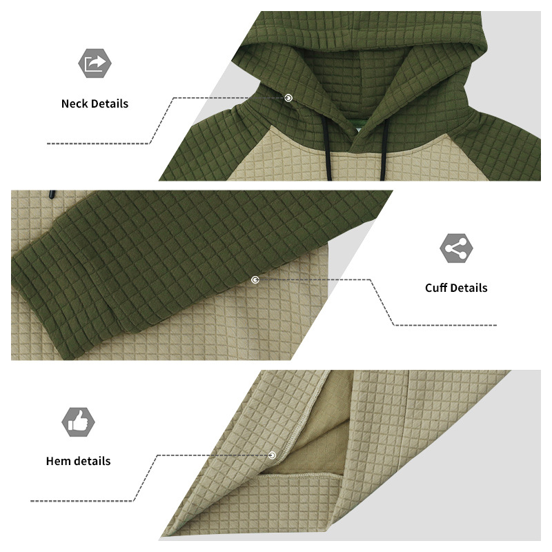 Schweres Kapuzensweatshirt mit Farbblockdesign für Herren, lockere Passform, Pullover mit Kordelzug für lässige Streetwear (Schwarz/Grau, Armeegrün/Beige)_voghion.com