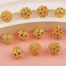 18K铜镀金高保色镶彩锆石镂空球圆球diy手链串珠散珠隔珠配饰配件
