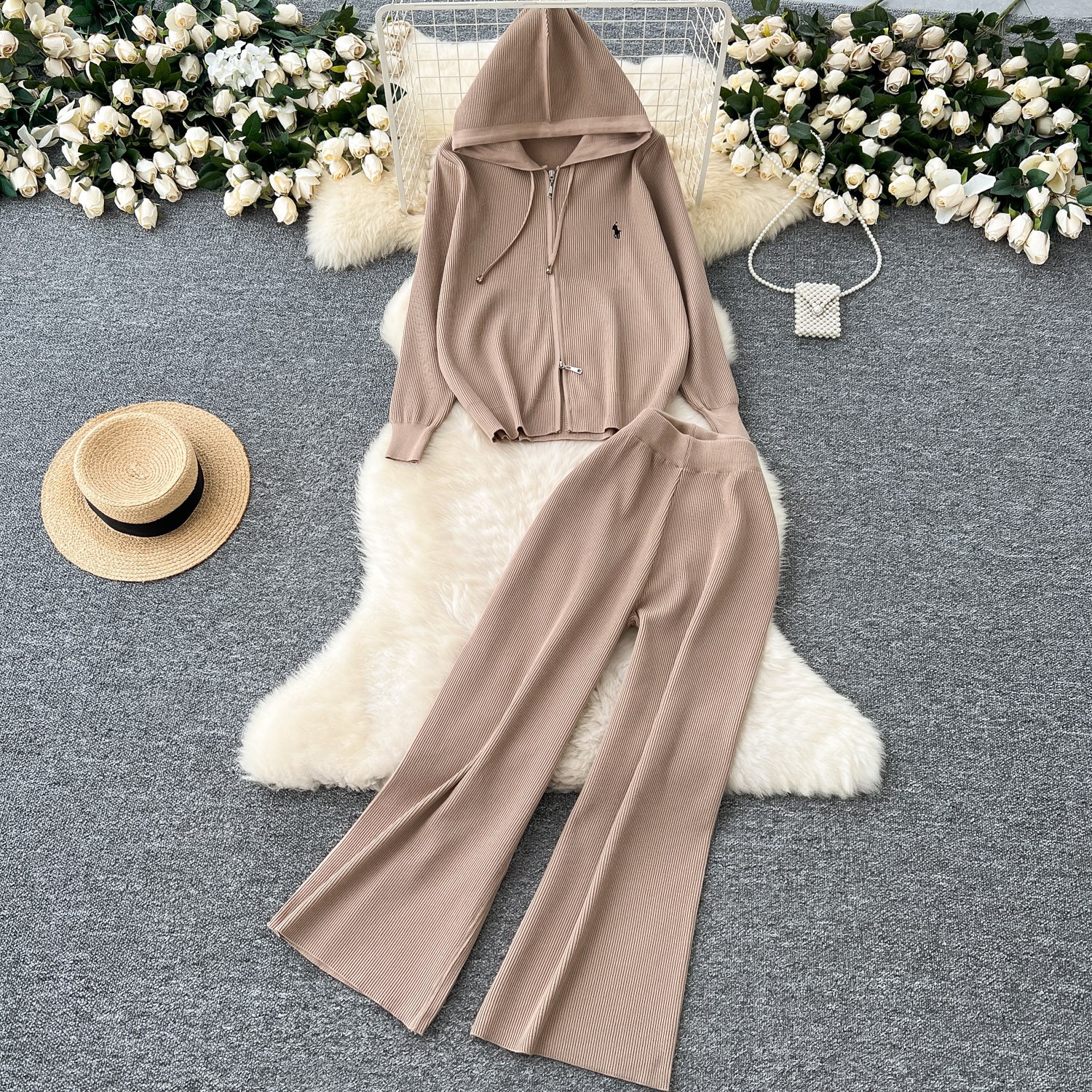 Cross-Border Casual Sports Suit for Women in Autumn and Winter, Lazy and Versatile Zipper Hooded Sweater Jacket, High-Waisted Sweater, Wide Legs