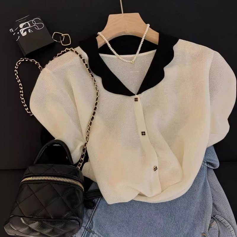 French Doll Collar Short-sleeved T-shirt Polo Shirt Women's Summer Chanel Ice Silk Knitted Cardigan Short Shoulder Top