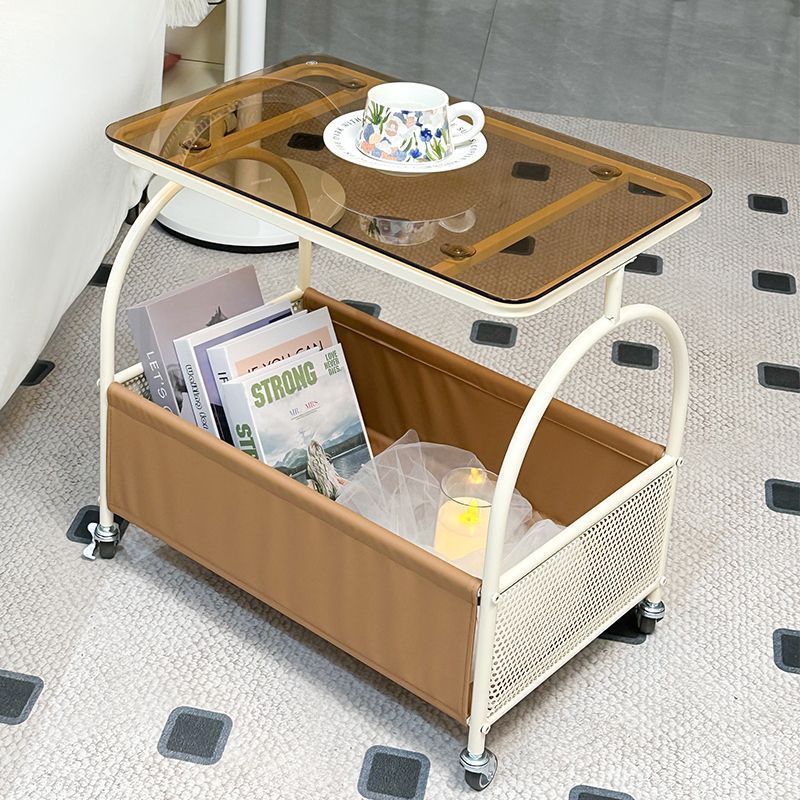 Movable Living Room Sofa Side Table, Cream-Style, Household Bedroom Trolley with Wheels, Trendy Minimalist Small Cart, Small Coffee Table