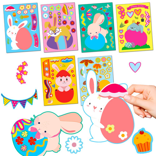 Cross-border 6 pieces/pack Easter egg rabbit jigsaw puzzle sticker shrimp skin children's intelligence puzzle egg face-changing sticker