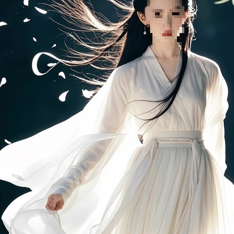 Little Dragon Girl Ancient Costume Style White Fairy-Like Hanfu for Women, Wei and Jin Dynasty Style, Fairy-Like Classical Dance Costume, Ultra-Fairy Chiffon