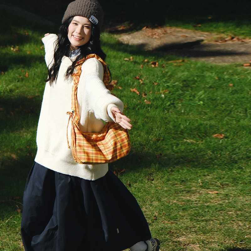 Korean Style Niche Plaid Dumpling Bag Canvas Bag for Women 2025 Summer Fashion Lightweight Shoulder Bag Crossbody Bag