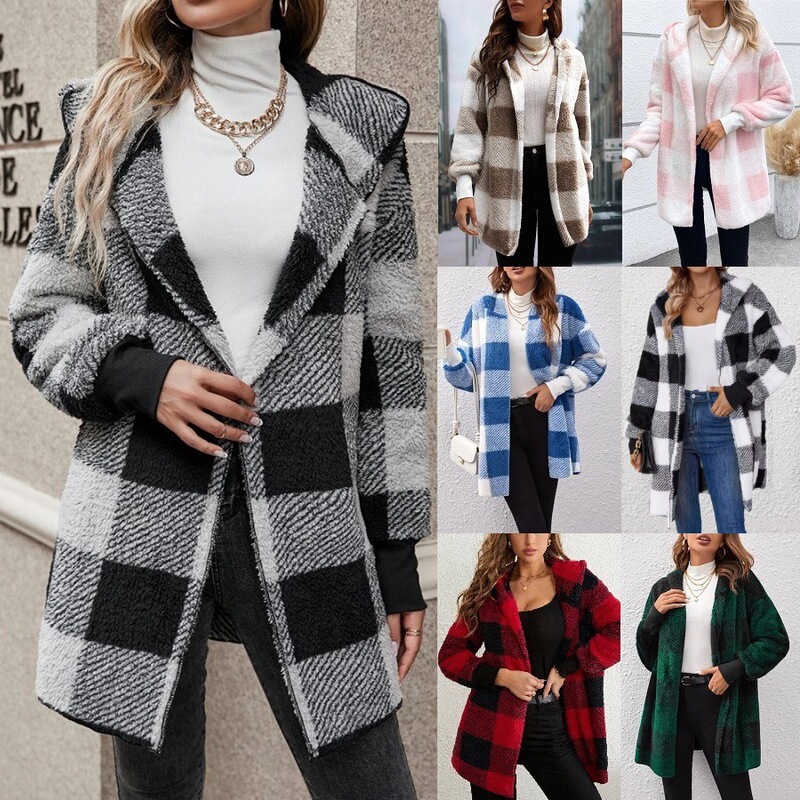 Cross-border Women's Clothing Amazon Explosions European and American Autumn and Winter Hooded Plaid Warm Jacket Long Plush Cardigan Jacket Cross-border Women's Clothing Amazon Explosions European and American Autumn and Winter Hooded Plaid Warm Jacket Long Plush Cardigan Jacket