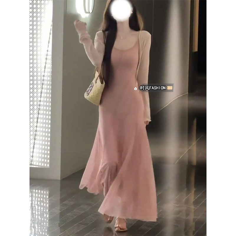 서스펜더 드레스+긴팔 가디건 투피스 세트