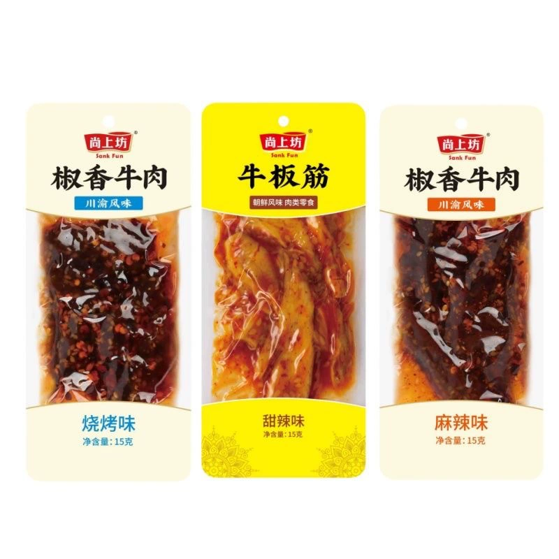 Говяжий сухожилие Шаньшаньфанг, 15 г, в пакетиках, особенность скульптурырской кухни Сычуани, ручной нарезки, в индивидуальной упаковке, острый вкус говядины