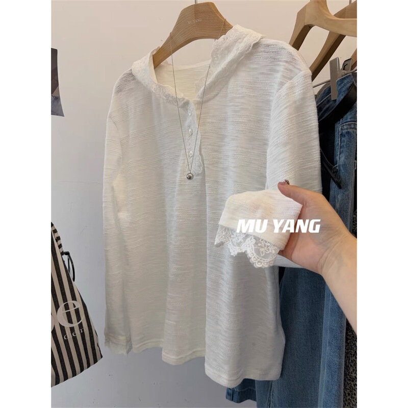 Outlet~National Fashion Brand Lace Hooded Long-Sleeved T-Shirt for Women in Spring & Fall Loose Casual and Relaxed Versatile Tops Outlet~National Fashion Brand Lace Hooded Long-Sleeved T-Shirt for Women in Spring & Fall Loose Casual and Relaxed Versatile Tops