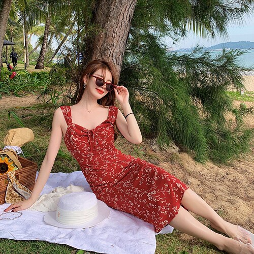 Breakfast French Red Floral Strappy Dress for Children Summer 2025 New Beach Vacation Sand Dress