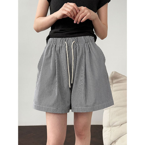 Lushi Korean Style Simple Retro Vertical Striped Casual Hot Pants Women's Summer New High Waist Slimming A-Word Shorts 1909 