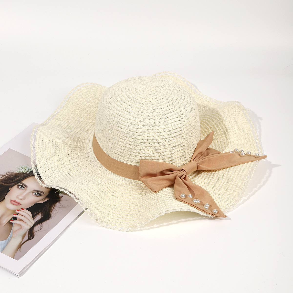 Sombrero de paja de viaje de verano flor sombrero de playa protección solar sombrero de sol ala grande paja tejida a mano arco sombrero de sol