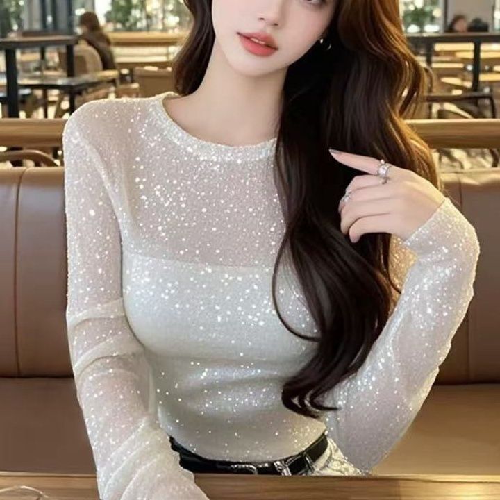 Lace Transparent Style Bottoming Round Neck Long Sleeve See-Through 2025 New Mesh Slim Top