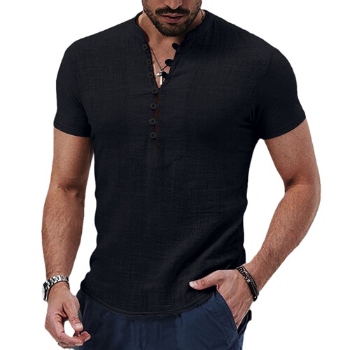 2024 Cross-border Amazon Wish eBay New Men's Retro Cotton Linen Casual Henry Collar Short Sleeve Shirt