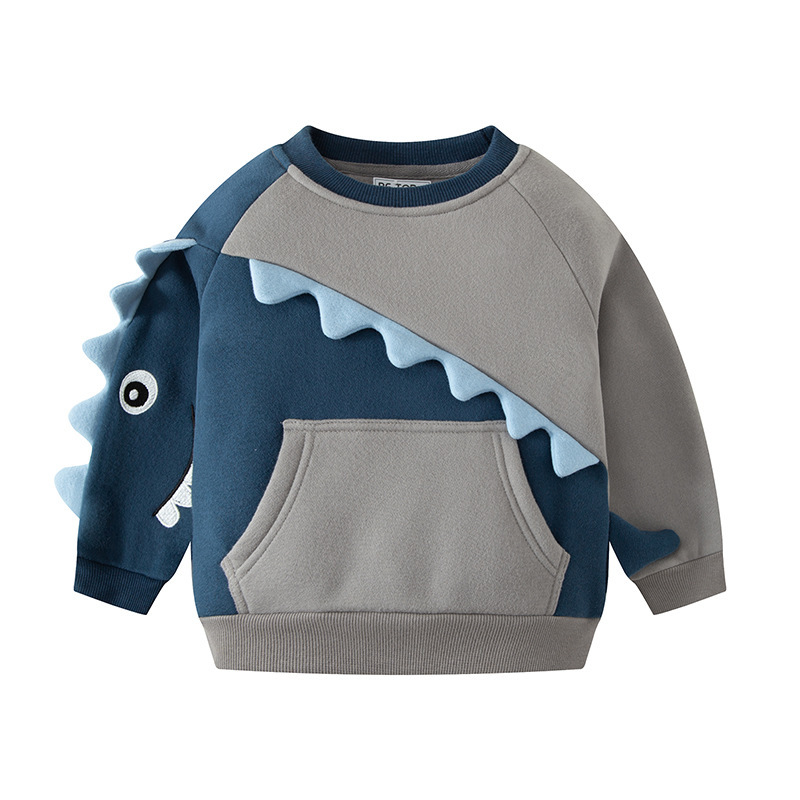 Sudadera personalizada 2026 para niños, nueva, de forro polar, cuello redondo, diseño de dinosaurio estéreo, con bloques de color