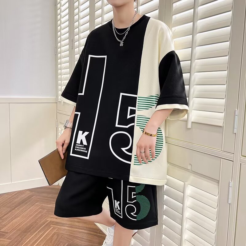 Men's Casual Suit Summer New American Color-Blocked Short-Sleeved T-Shirt Shorts Set Free of Matchinging High Street Two-Piece Set