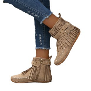New Autumn/Winter Fringe Short Boots Flat Heel Inside Increase Sanding Women's Boots Student Single Boots Casual Fashion Matchable Women's Shoes