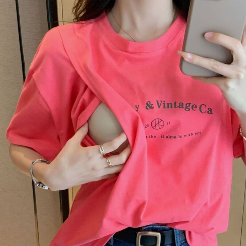 Breastfeeding Tops for Summer Outings, Hot Mom Style, Postpartum Wear, Short-Sleeved Lettered Nursing Clothes, Summer Wear, Maternity Nursing T-Shirts