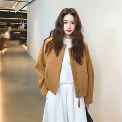 实拍南瓜色复古麂皮绒外套女2025秋季高级感巨好看宽松短款夹克