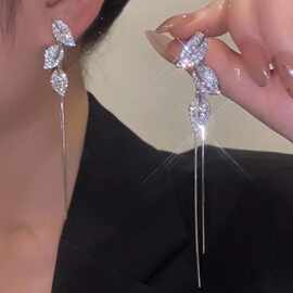 S925银针树叶流苏耳坠气质轻奢叶子耳钉闪钻长款耳饰女韩版百搭时