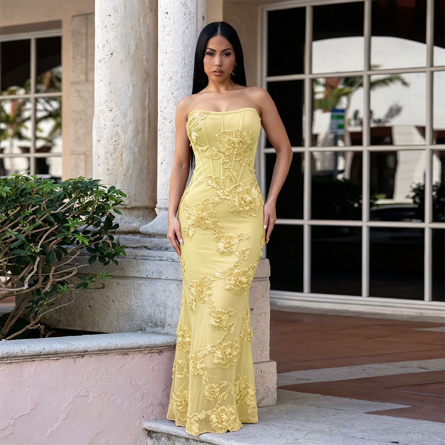 C7686 Aliexpress transfronterizo Amazon Europa y América de moda de mujer sexy tela de tela de pecho vestido de flor vertical image 4
