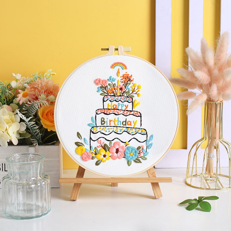 Nuevo original feliz cumpleaños bordado a mano material de bricolaje paquete pastel de cumpleaños vela fuegos artificiales deseo transfronterizo