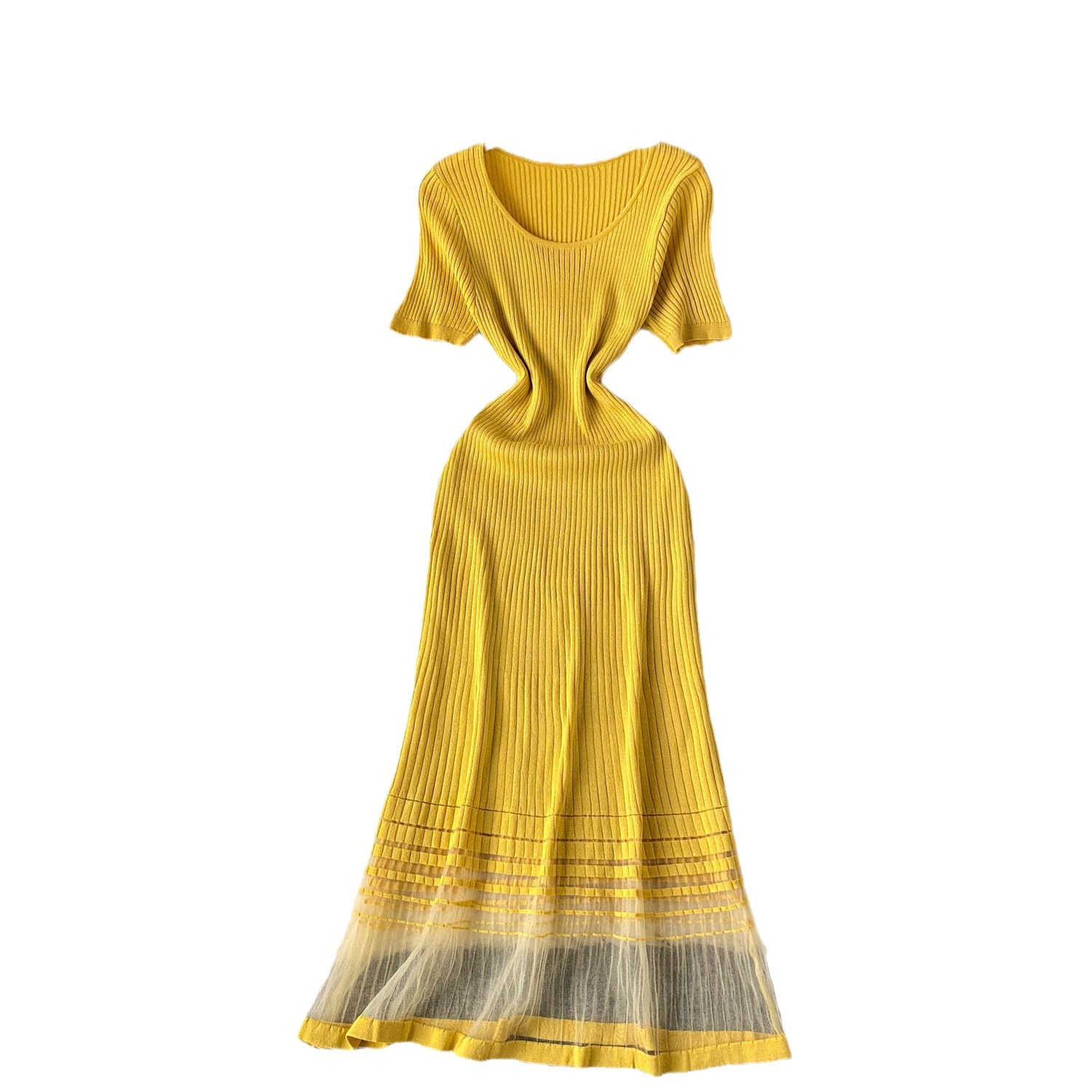 Robe tricotée haut de gamme de luxe légère de style de vêtements pour femmes pour femmes en été conception d'épissure de maille niche tempérament de célébrité robe longue_voghion.com