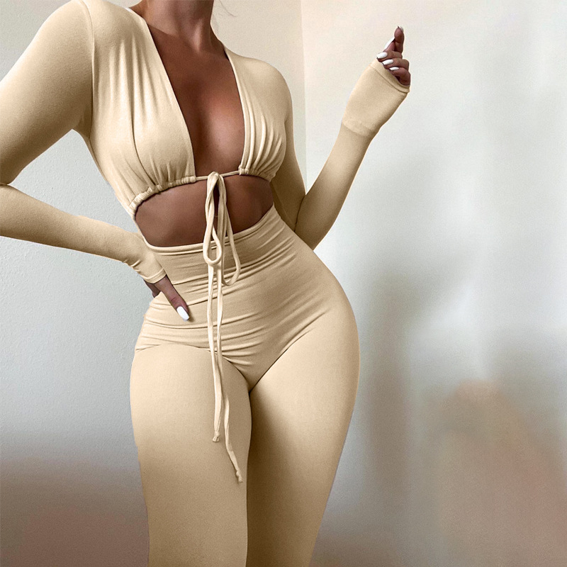 Solid Color Lace-Up Long-Sleeved Tight Jumpsuit NSLJ76035