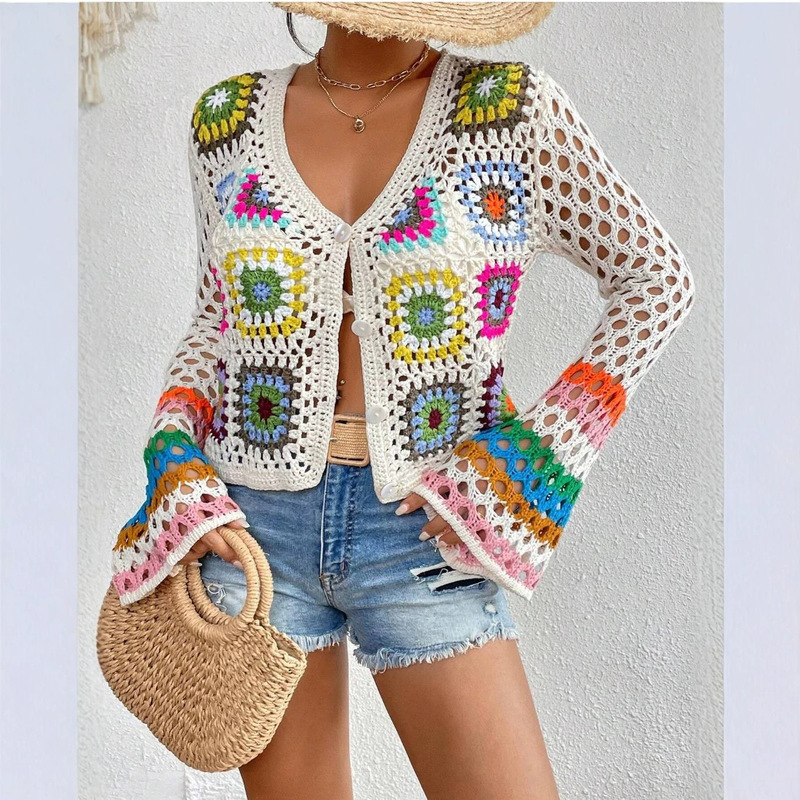 Handmade Vintage Ethnic Crochet Rainbow Long-sleeved Cardigan Hand-knitted Sweater Hollow-out Knitted Top New Cross-border