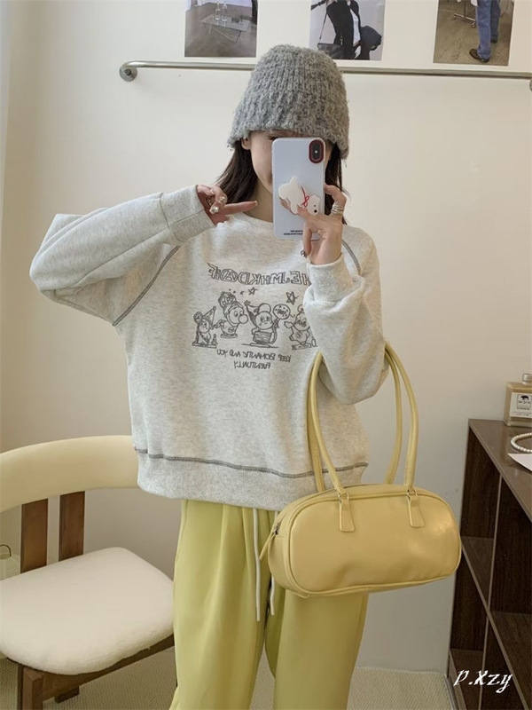 015慵懒风圆领卫衣女秋季新款薄款宽松韩版oversize女式上衣bf外|undefined