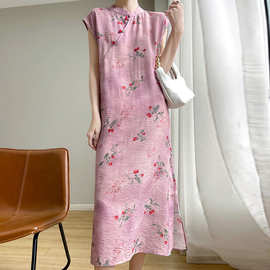 中国风女装旗袍春秋2024长版中式优雅短袖印 花宽松复古显瘦洋装