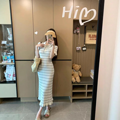 撞色条纹polo领短袖连衣裙女夏季气质收腰针织裙子显身材包臀长裙