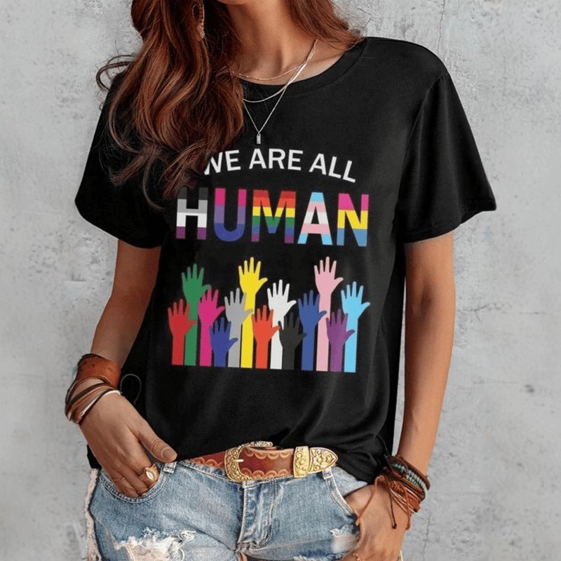 Foreign trade cross-border Pride Month short-sleeve colorful raised hand pattern equality slogan printed loose everyday women's T-shirt