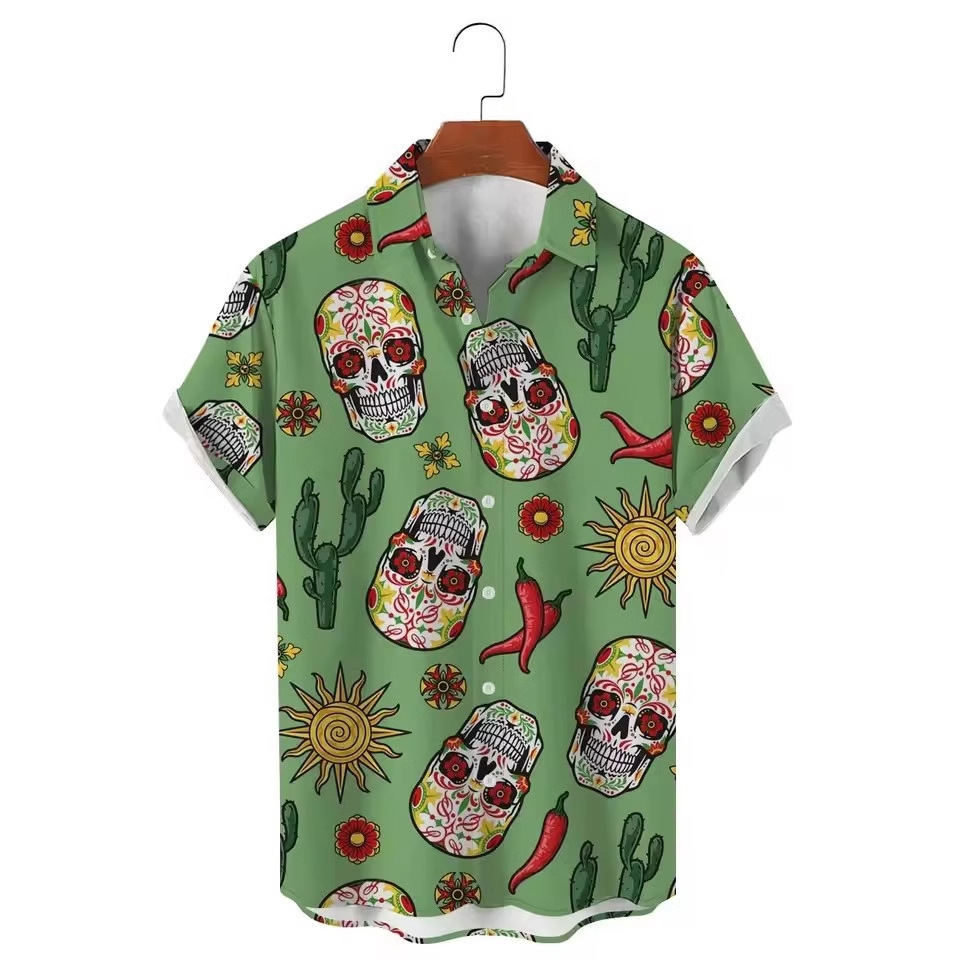 AliExpress Europa y América Venta caliente Colorido Abstracto Diversión Skull Impresión 3D Camisa suelta de manga corta con botones de verano para hombres