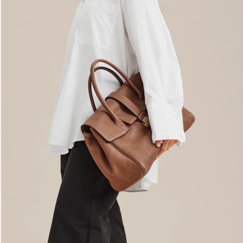 2026 New Handheld Shoulder Briefcase For Women, Genuine Leather Retro Large Capacity Commuter Top Grain Vegetable Tanned Cowhide Bag - Thumbnail 3