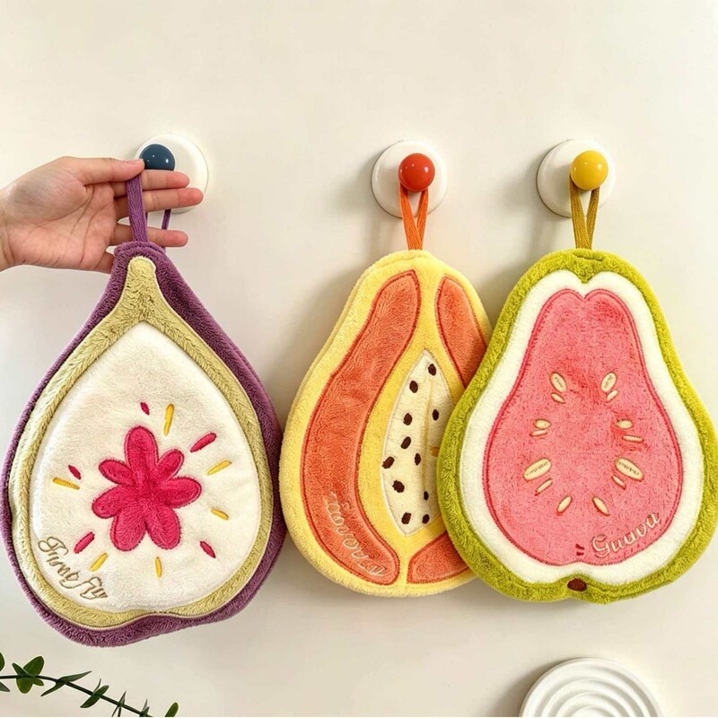 Cute Cartoon Creative Fruit Embroidery Hand Towel, Hangable, Thick Coral Fleece, Non-Shedding, Absorbent, Quick-Drying Towel