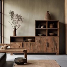 侘寂风老榆木餐边柜客厅收纳柜复古做旧木柜入户玄关柜茶水酒柜