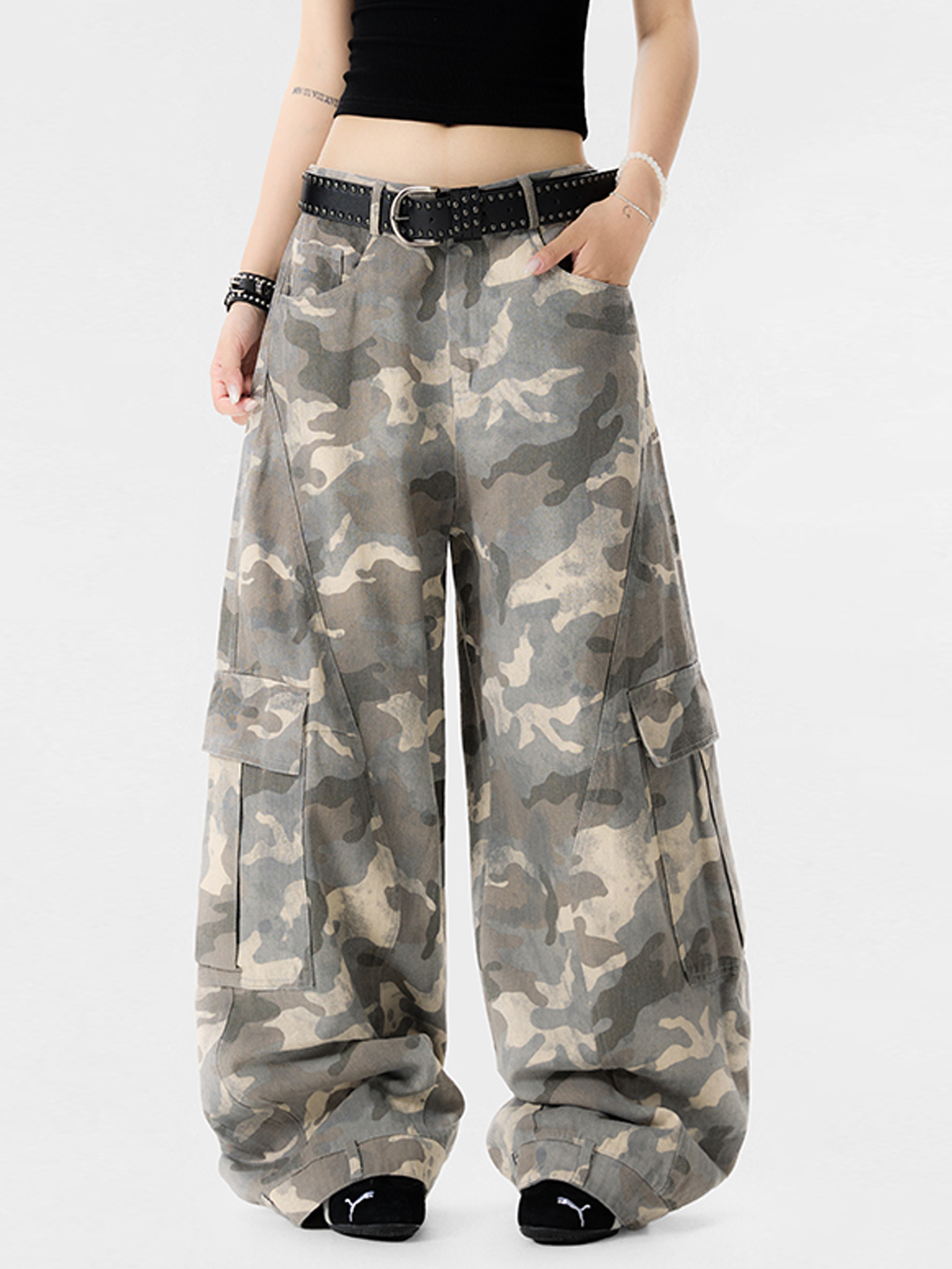 OREETAアメリカのレトロな広脚の迷彩ズボンのカーブナイフの工装ズボンの耐摩耗性の汚れの高い街のカジュアルなズボンの男女