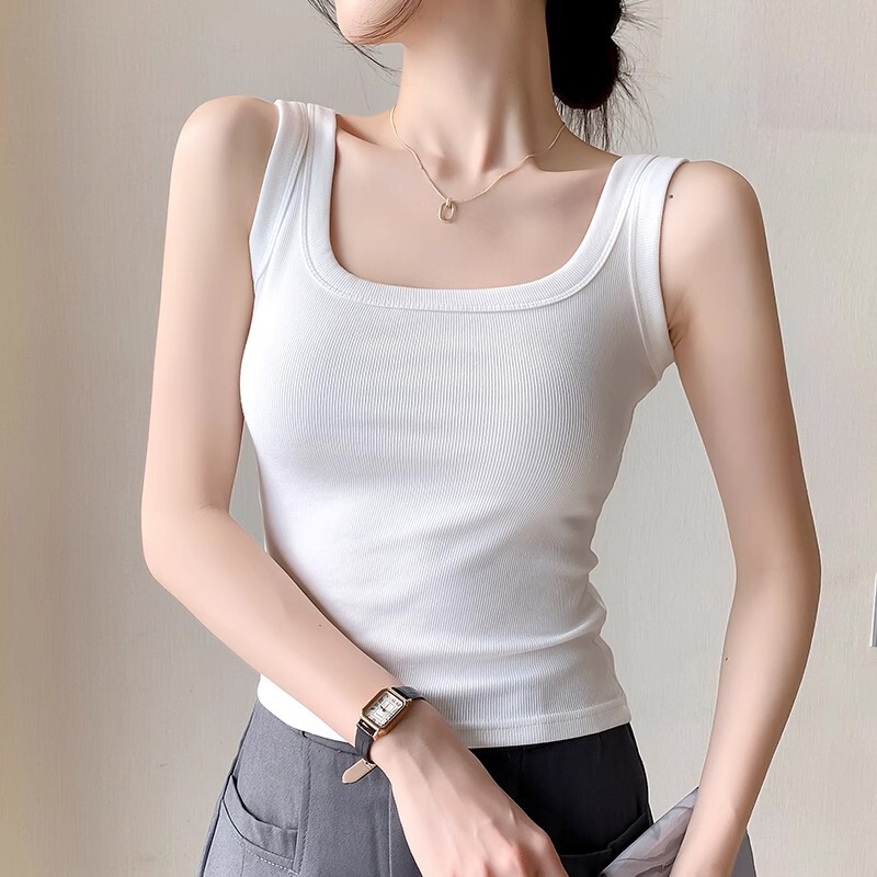 Square Neck Wide Shoulder Camisole for Women, 2026 New Summer Style, Beautiful Back, Slim Fit, White Base Layer, Outerwear Top