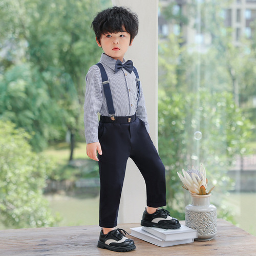 Cross-border belt suit set summer boys' suit striped short-sleeved shirt performance children's dress for young children foreign trade