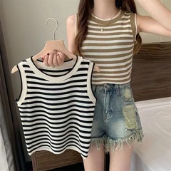 Striped Sleeveless Knitted Short Cardigan Women's Summer Wearable Versatile Slimming Small Size Slim Sweet Cute Top 
