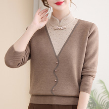 跨境妈妈装秋冬季宽松显瘦毛衣中年洋气修身假两件针织打底衫毛衣