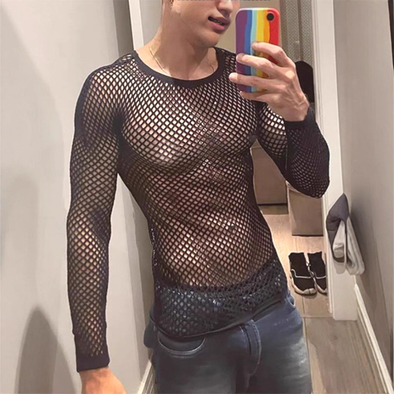 Cross-Border European and American Mesh Hollow-Out T-Shirt for Men, See-Through Sexy Slim-Fit Long-Sleeve Fishnet Overlay Layered Hole Clothing Trendy