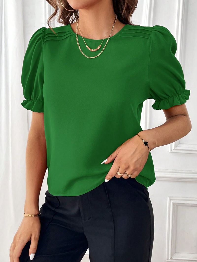 203g Weight Short Sleeve Sleeve Length Pullovers Placket Type Bishop Sleeve Sleeve Type Polyester Fabric Type Regular Top Length Blouse Tops Type Daily Occasion Round Neck Neckline Regular Fit Fit Type Solid Color Pattern Summer, Spring Season Women's Gender Elegant, Streetwear Style Wholesale Women's Elegant Streetwear Solid Color Short Sleeve Blouses 40