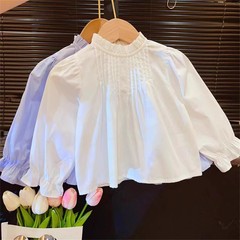 2023春秋新款兒童法式襯衫純棉洋氣童裝女寶寶上衣立領長袖襯衣