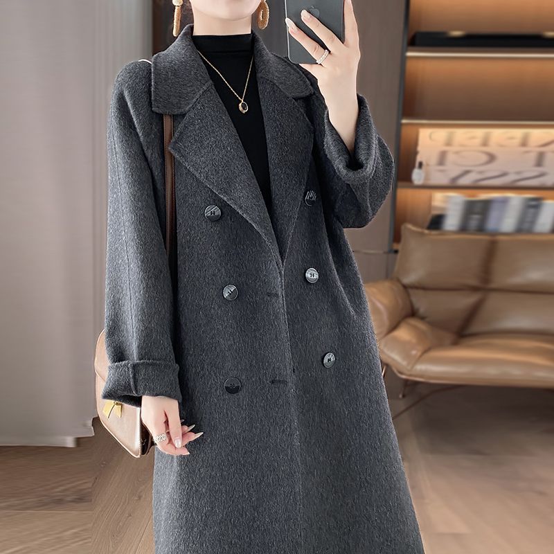 碳灰色羊毛双面呢绒混色今年流行长款双排扣韩版大衣女赫本风外套
