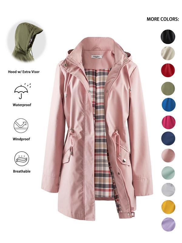 Women's Solid Color Drawstring Zip Up Hooded Trench Coat|undefined
