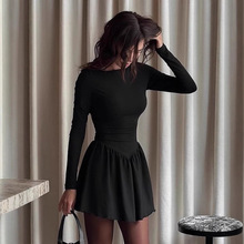 欧美气质打底小黑裙女2025秋季时尚内搭A摆蓬蓬裙圆领长袖连衣裙