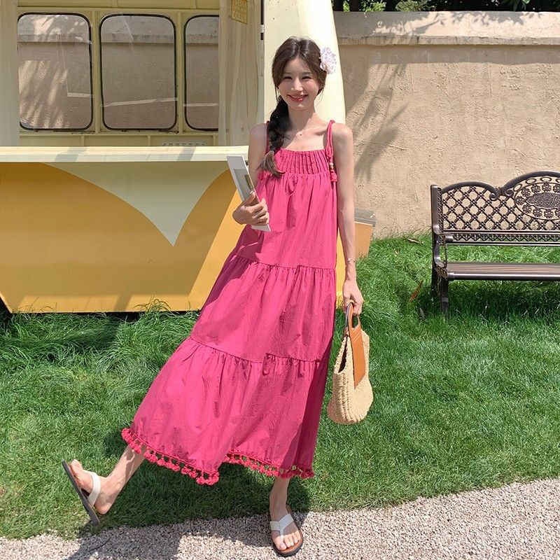 Niche Design Tassel Sling dress Women's Summer Seaside Vacation Gentle Loose Slimming Elegant Long Skirt